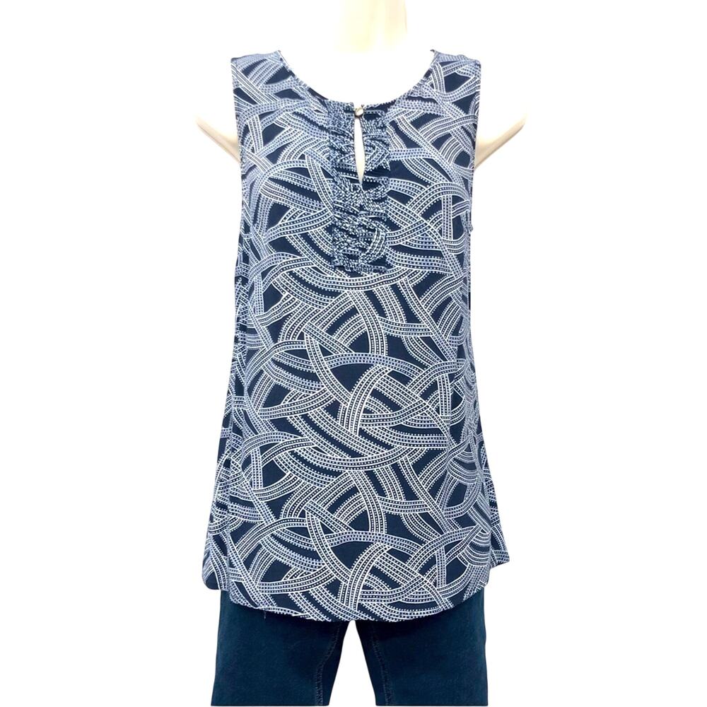 Banana Republic Lightweight Navy White Swirl Print Sleeveless Top Ruffle Front